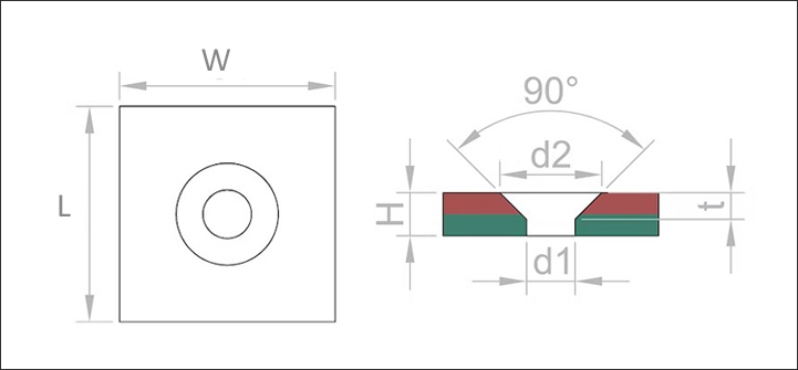 Square magnet with countersunk hole dimensions schematic paper;